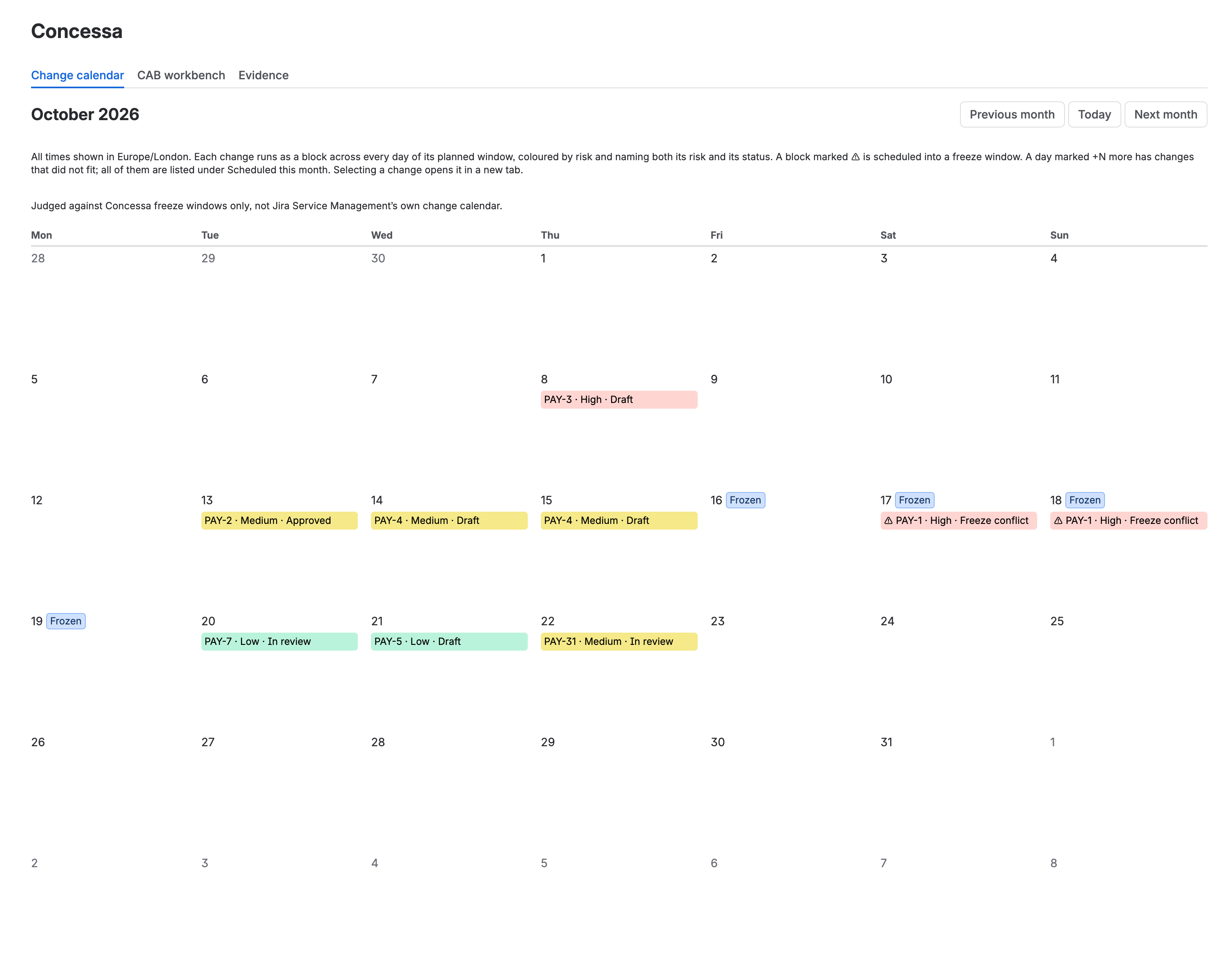 The change calendar showing a month grid with scheduled changes and freeze days marked beside their dates.