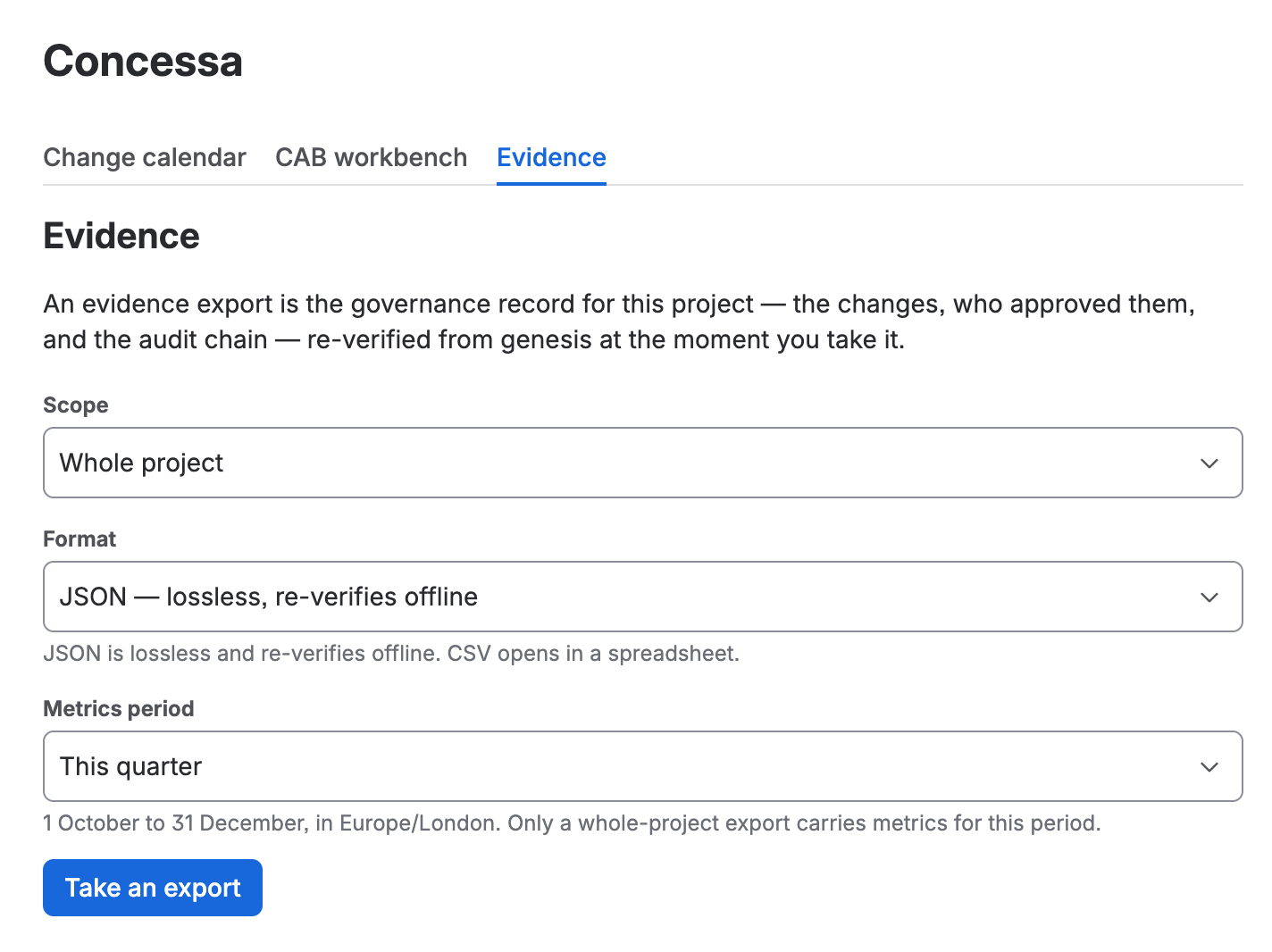 The evidence tab, with scope, format and metrics period controls and a “Take an export” button.