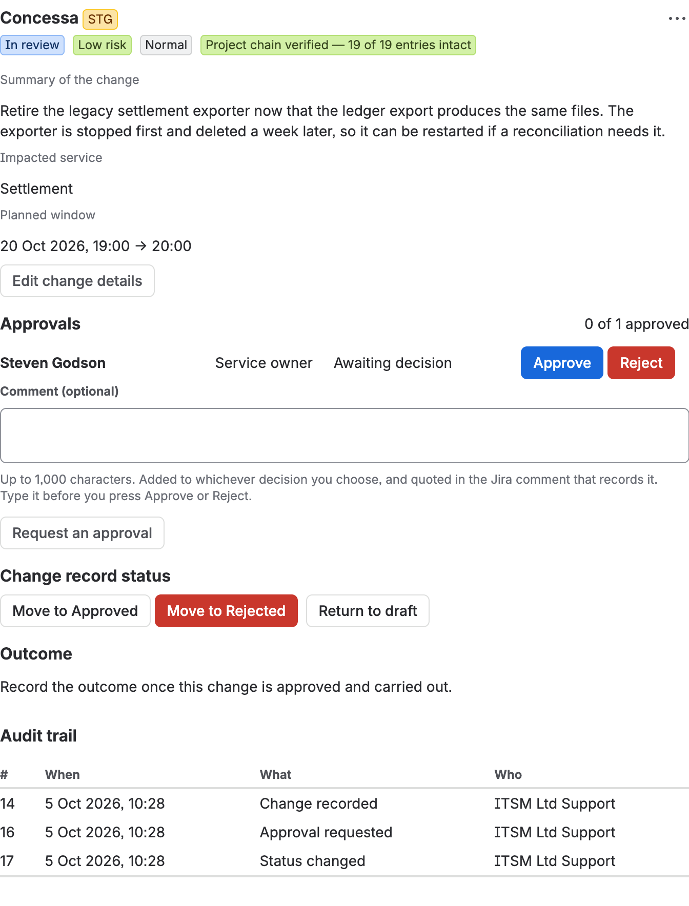 The approvals section of the Concessa panel showing a pending request addressed to the viewer, with a comment box and Approve and Reject buttons.