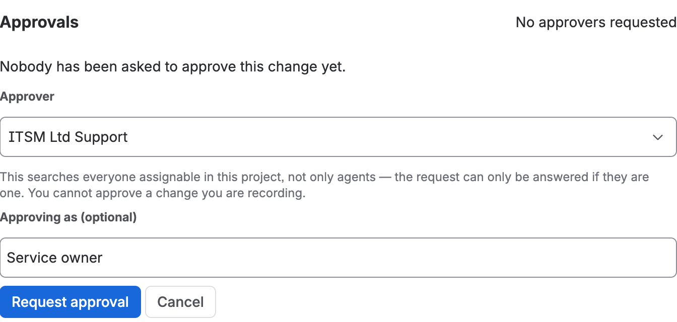The approval request form in the Concessa panel, with an approver chosen and an optional “Approving as” field.