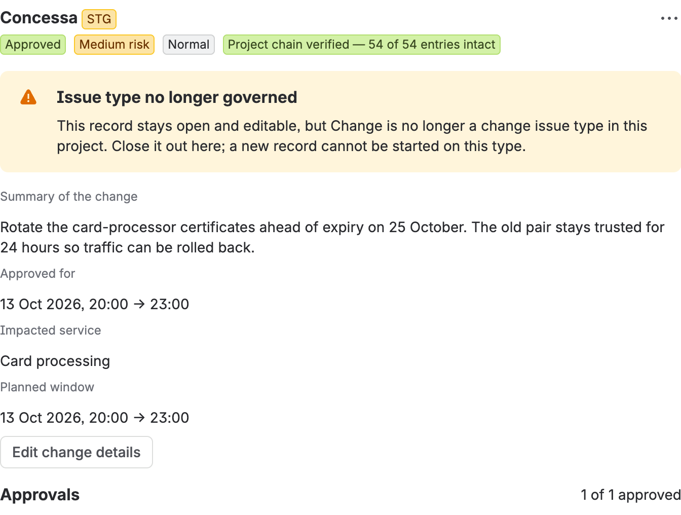 The Concessa panel on a governed record whose issue type was later removed from scope, showing the “Issue type no longer governed” warning.