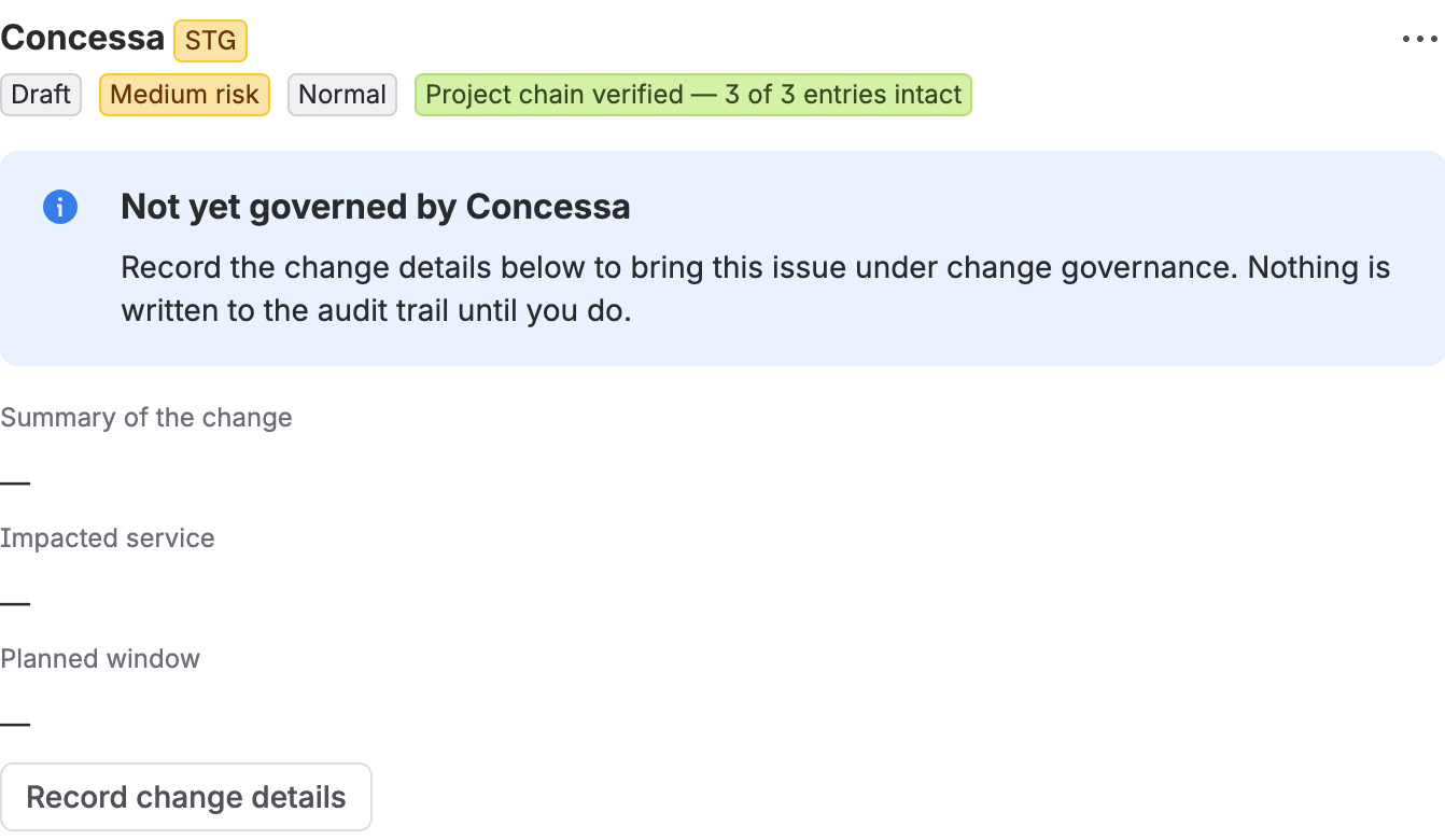 The Concessa panel on an issue with no change record yet, showing the “Not yet governed by Concessa” message and a “Record change details” button.