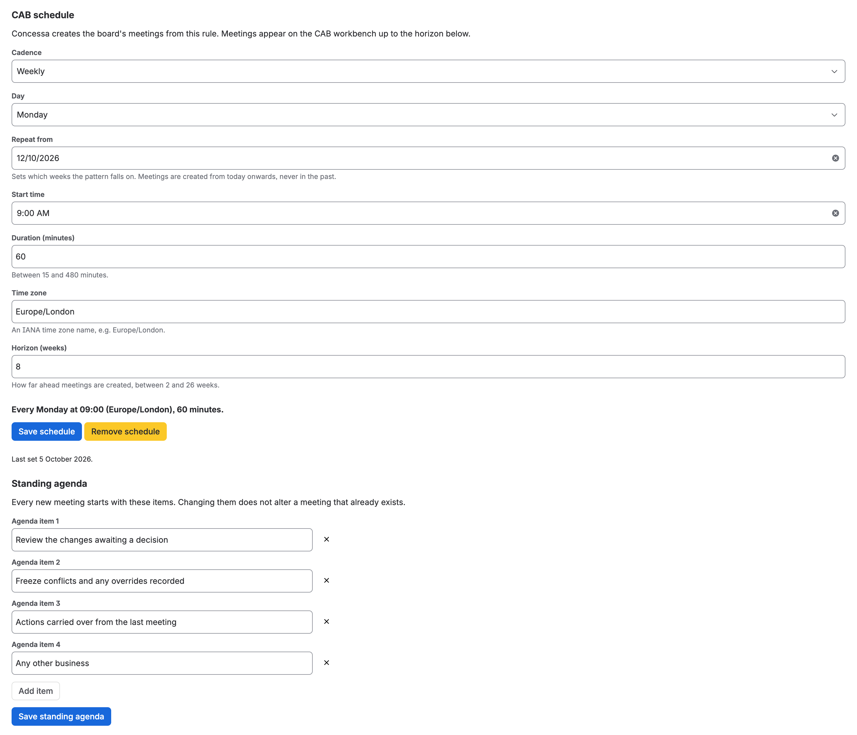 The CAB schedule and standing agenda blocks in project settings, with a plain-English description of the saved rule.