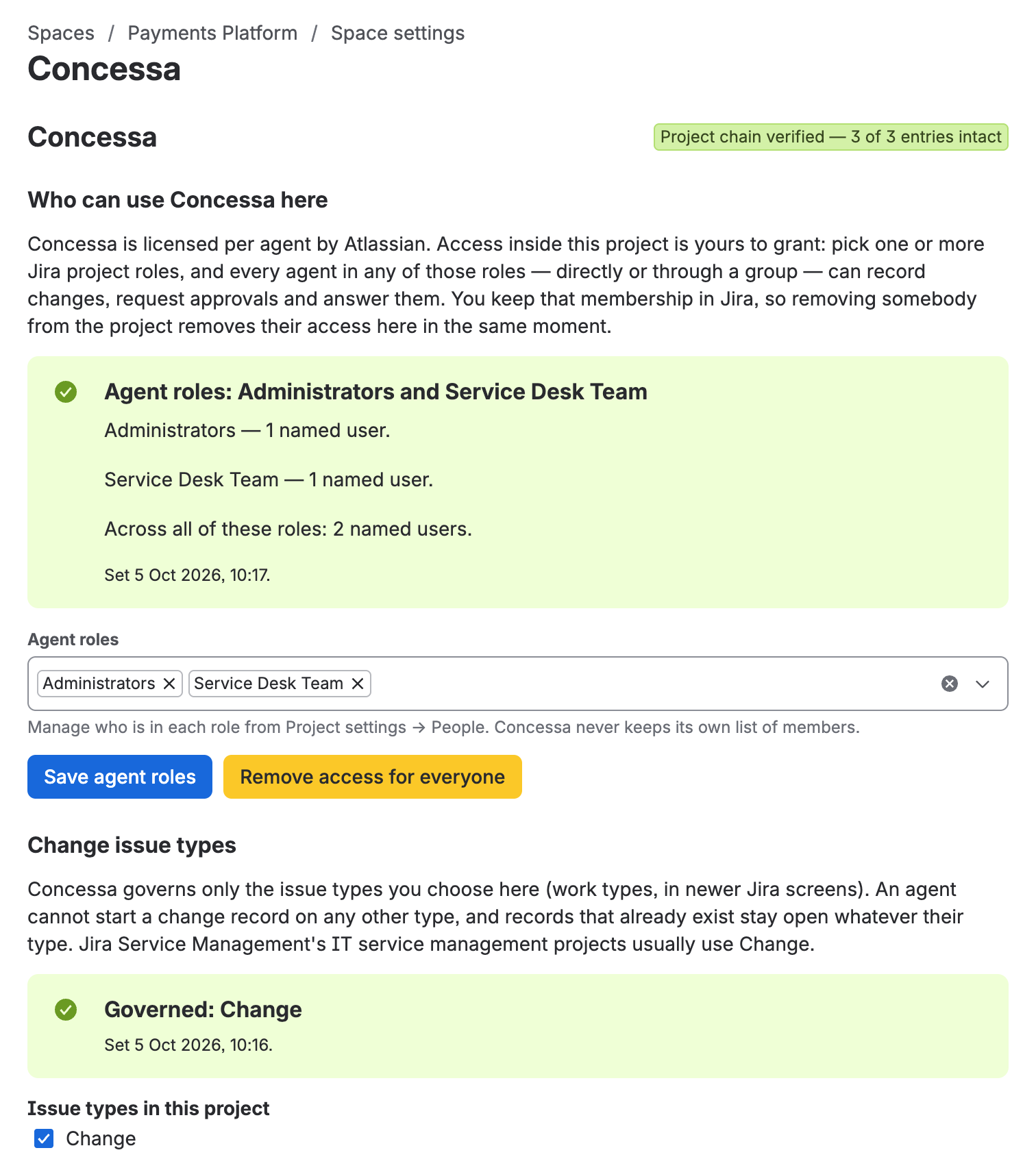 The Concessa settings page after setup, showing the bound agent roles with their named-user counts, and the governed issue types.
