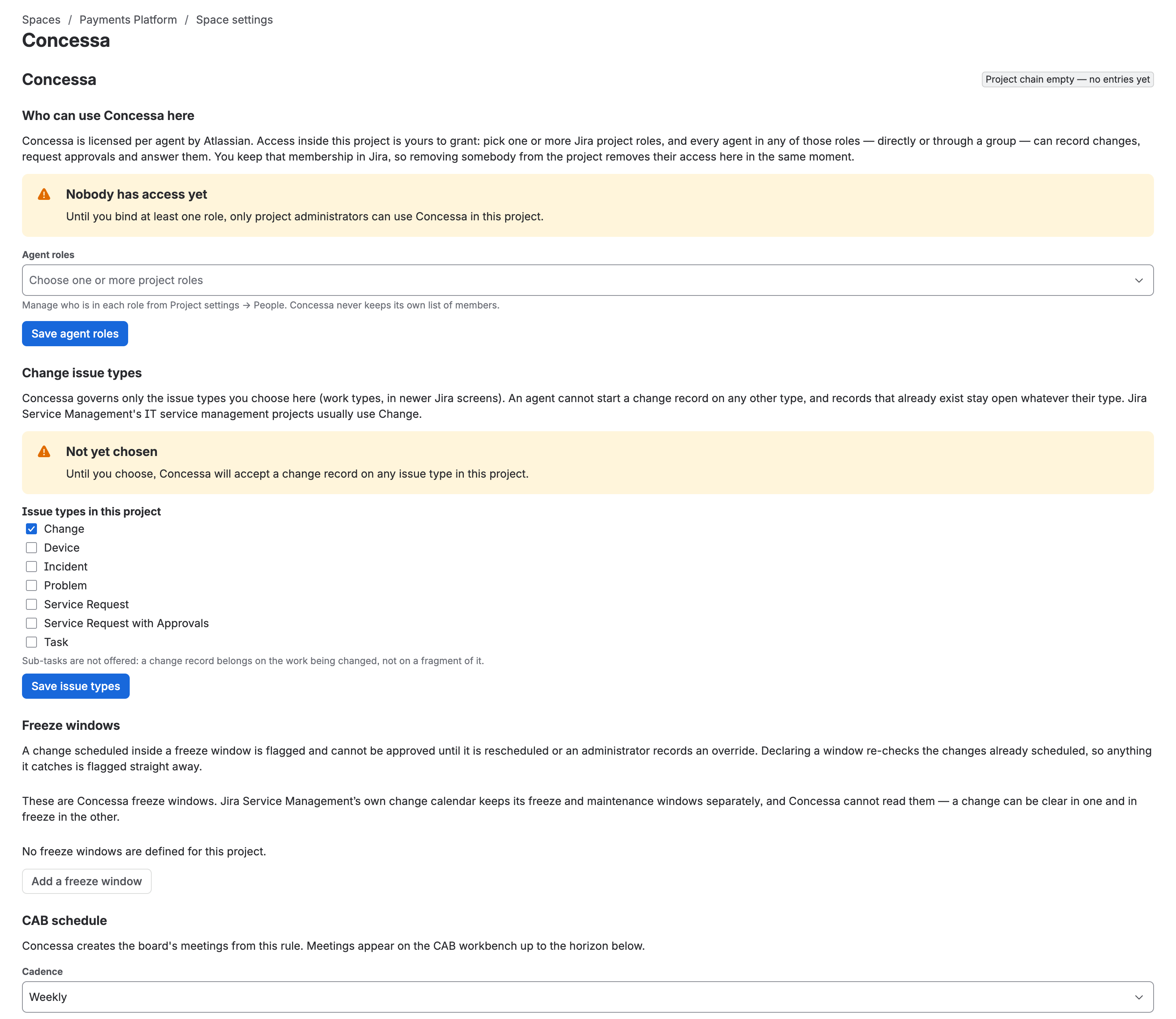 The Concessa settings page before setup, showing the “Nobody has access yet” warning and the change issue type checkboxes with Change pre-ticked.