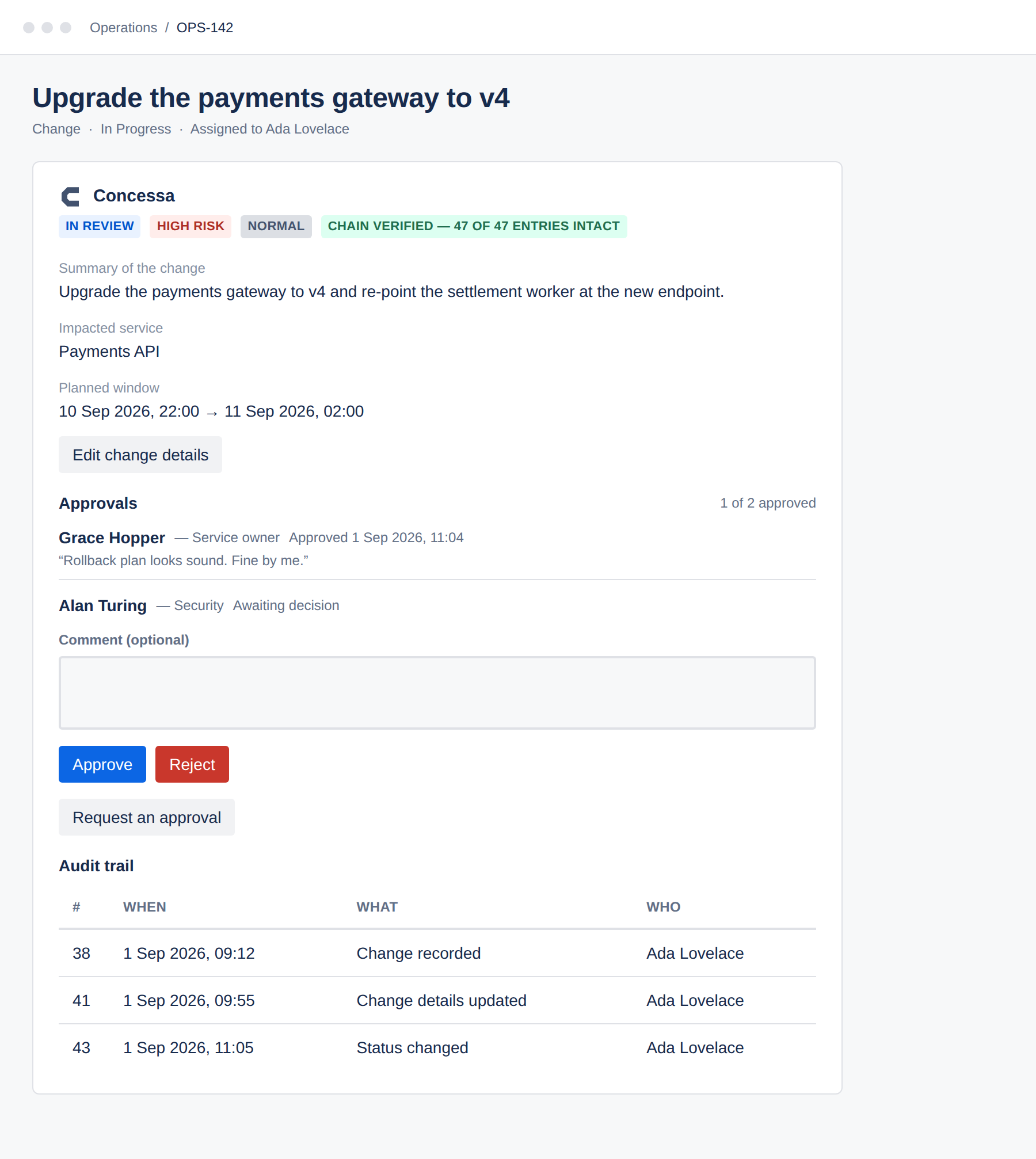 The Concessa panel on a Jira issue, showing status, risk and change type lozenges, a verified audit chain, the summary of the change, the impacted service and planned window, two approvals with one awaiting a decision, and the issue's audit trail.