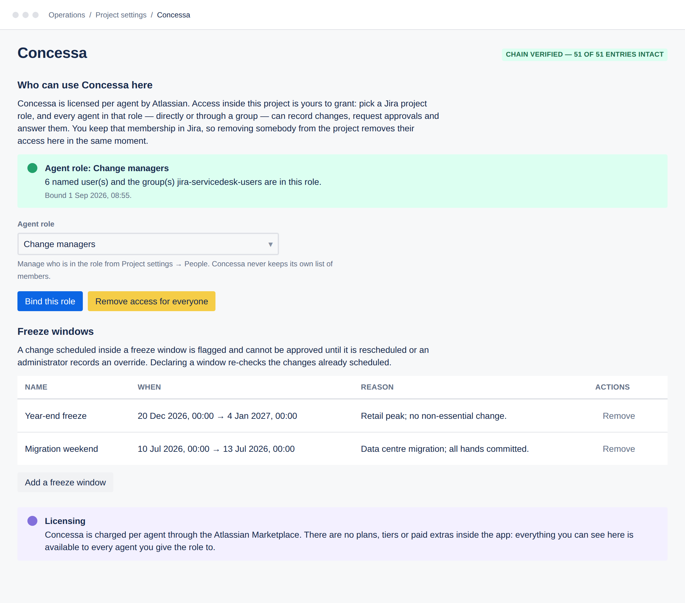 The Concessa project settings page, showing the bound agent roles with a count of named users and groups, a role selector, freeze windows in a table, and a licensing note.